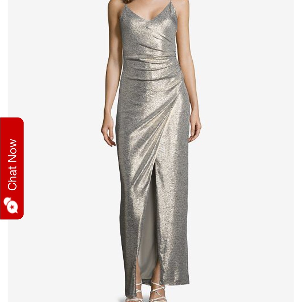 Betsy + Adam Ruched Metallic Slit Gown
